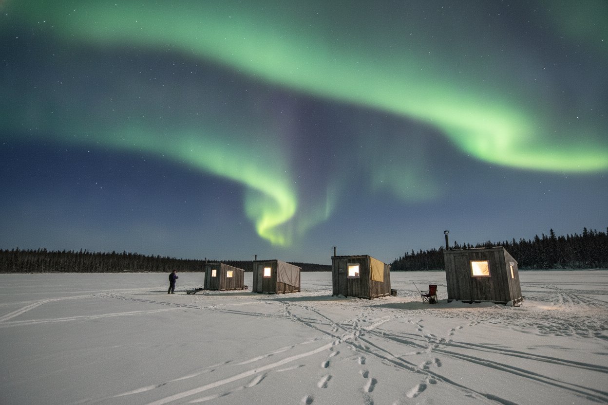 Aurora borealis over ice fishing huts on a frozen Alaska lake at night