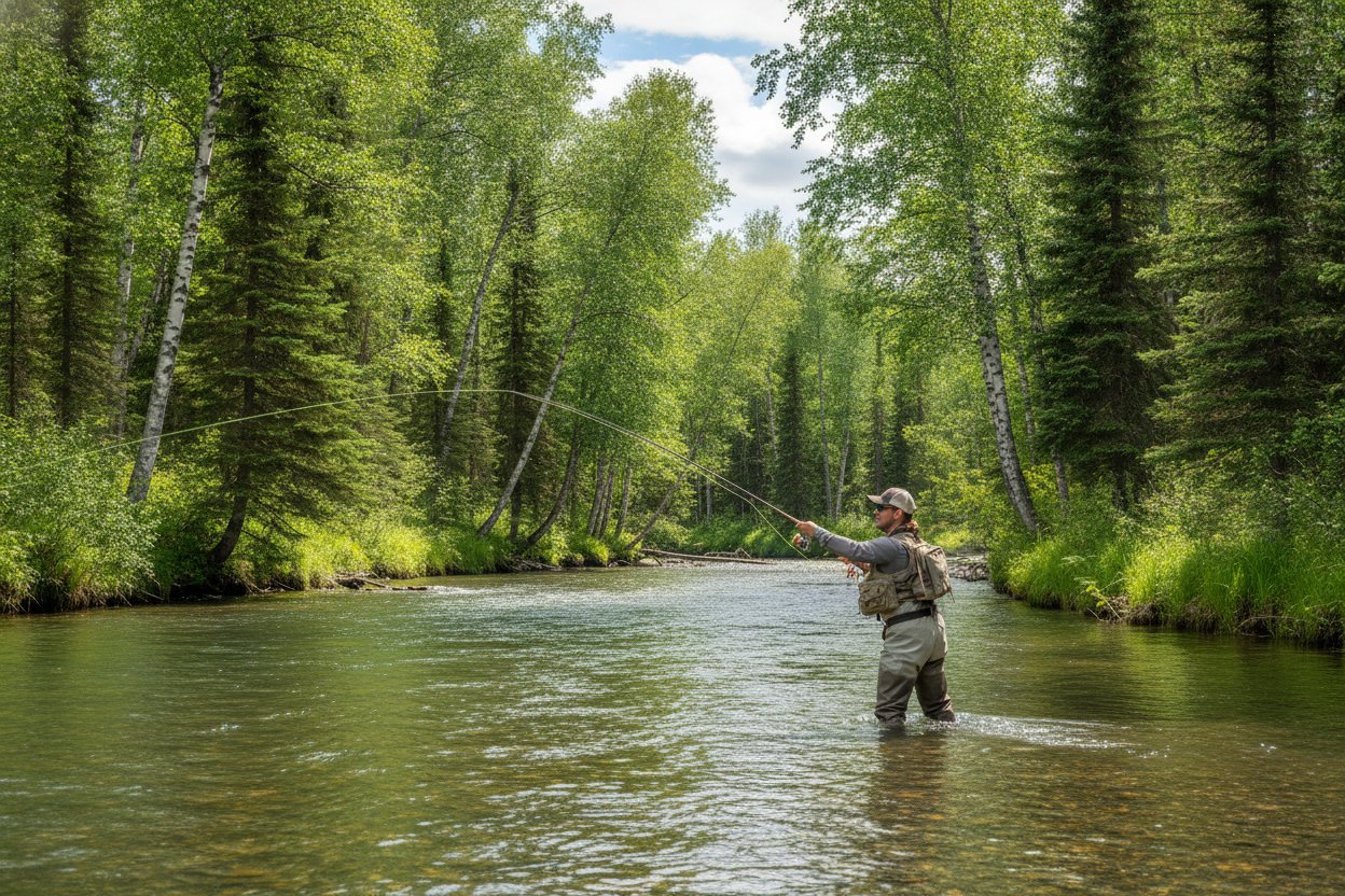 Angler fly fishing on the Chena River near Fairbanks Alaska in summer