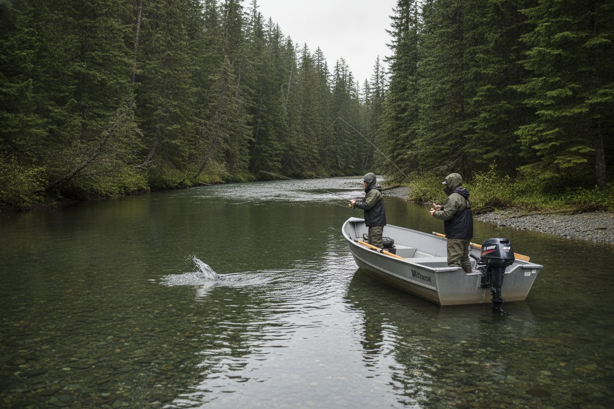 Two anglers fishing from a small aluminum drift boat on the Situk River near Yakutat