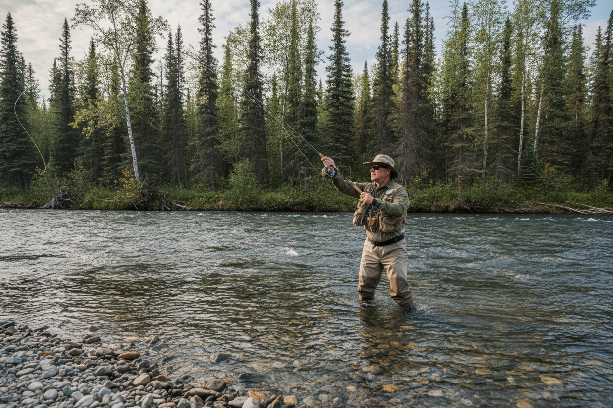 Angler fly fishing in clear Interior Alaska river near Fairbanks, wading in shallow water with spruce forest along the bank