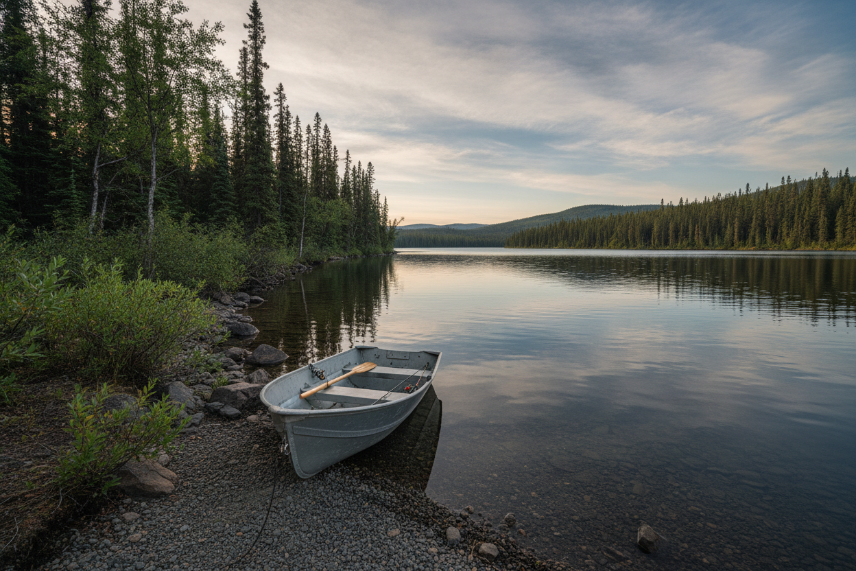 Small aluminum fishing boat on a calm Interior Alaska lake near Fairbanks, boreal spruce forest reflected in still water