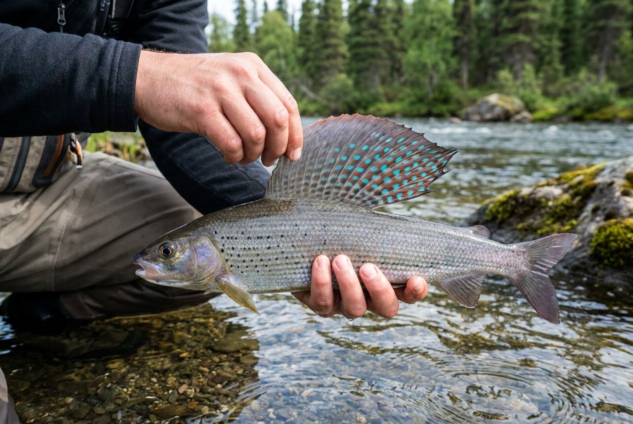 Angler holding an Arctic grayling with large iridescent sail-like dorsal fin at an Alaska river