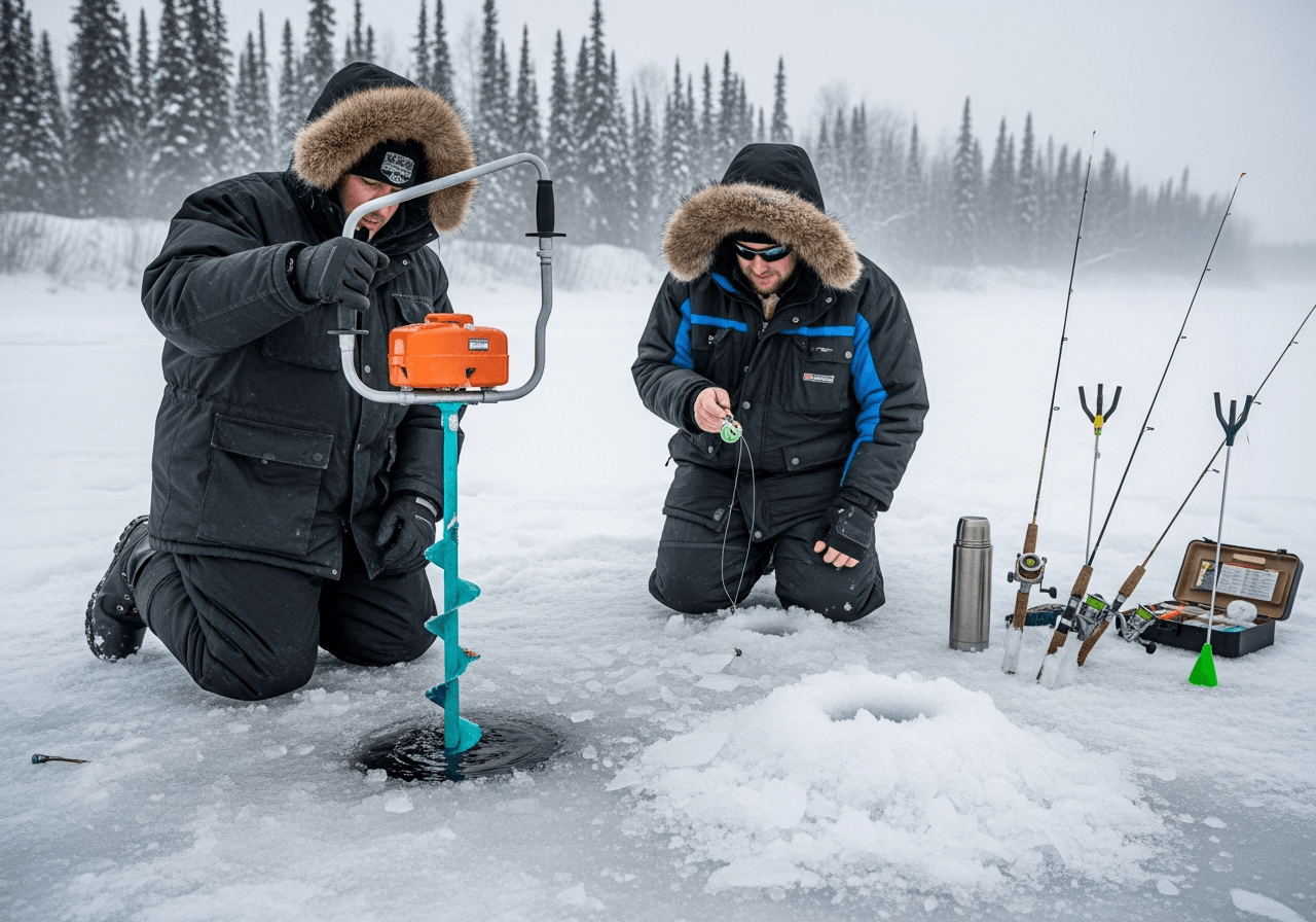 Two ice fishermen working an ice fishing hole on a frozen river near Fairbanks Alaska, winter spruce forest background