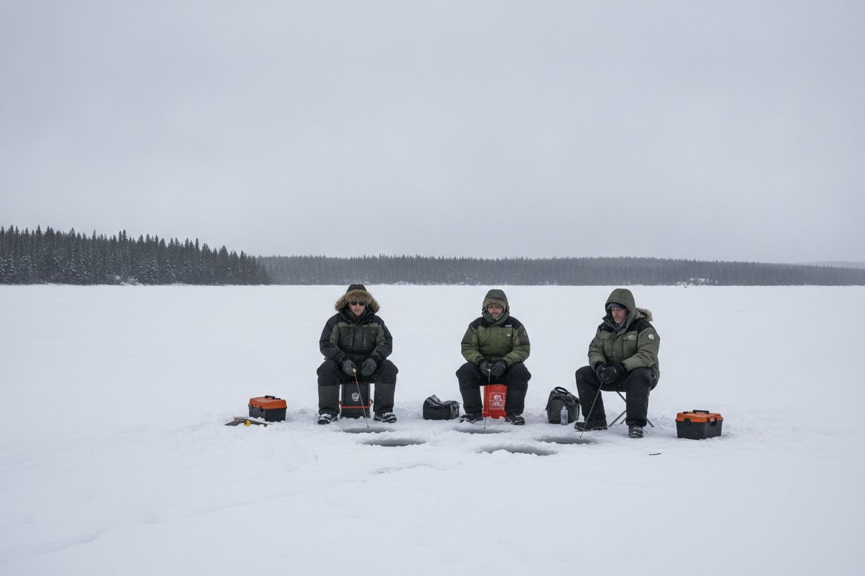 Three ice fishermen sitting on a frozen Alaska lake on an overcast winter day