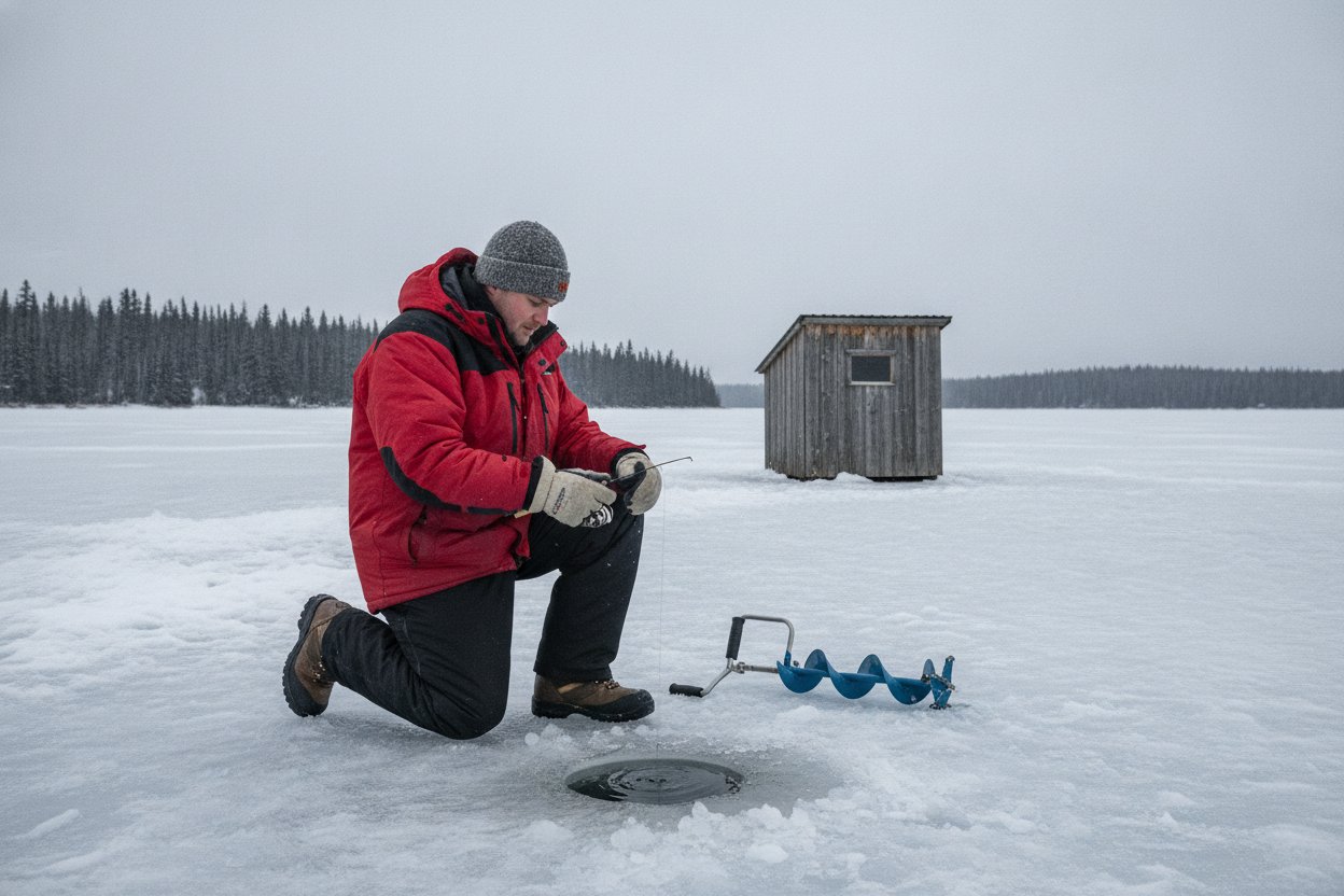 Man kneeling at ice hole while ice fishing on frozen Alaska lake