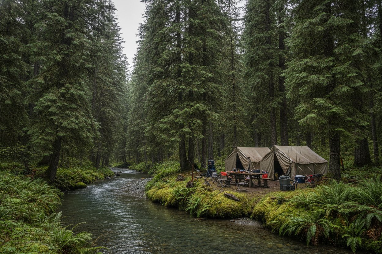 Fishing camp beside the Situk River in a Sitka spruce forest, Yakutat Alaska