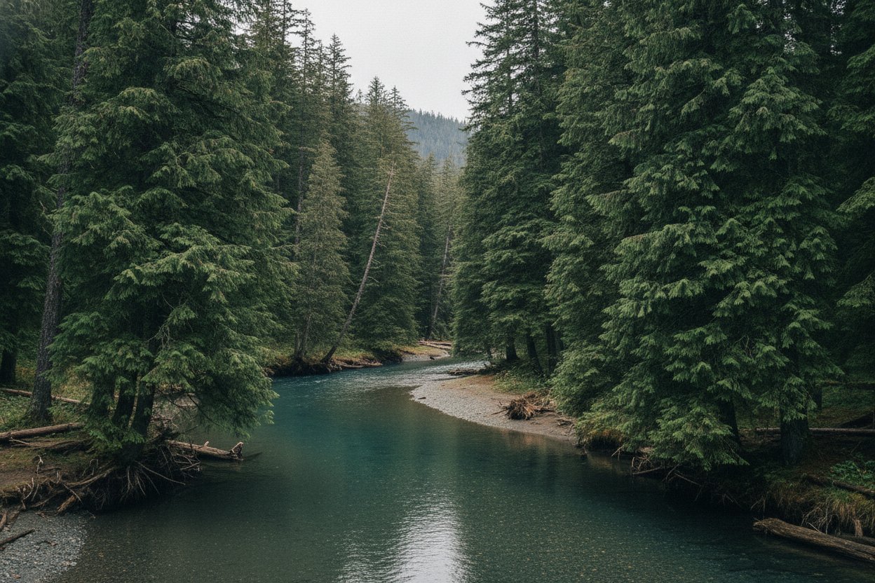 The Situk River near Yakutat Alaska winding through dense Sitka spruce forest