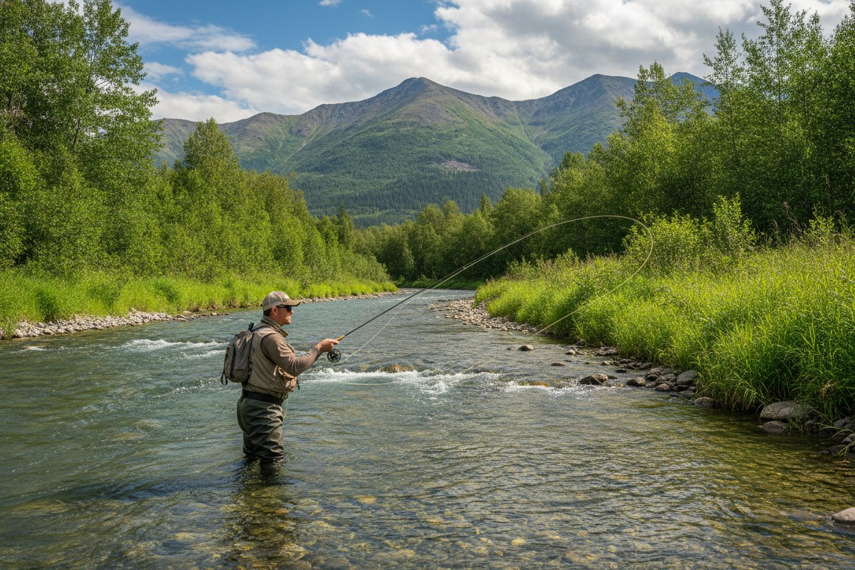 Fly fisherman wading a clear Alaska river in summer with green mountains behind